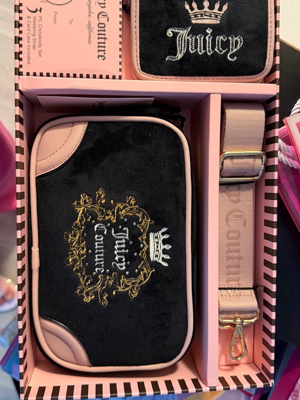 Juicy Couture Black & Light Pink Velvet Crossbody Set